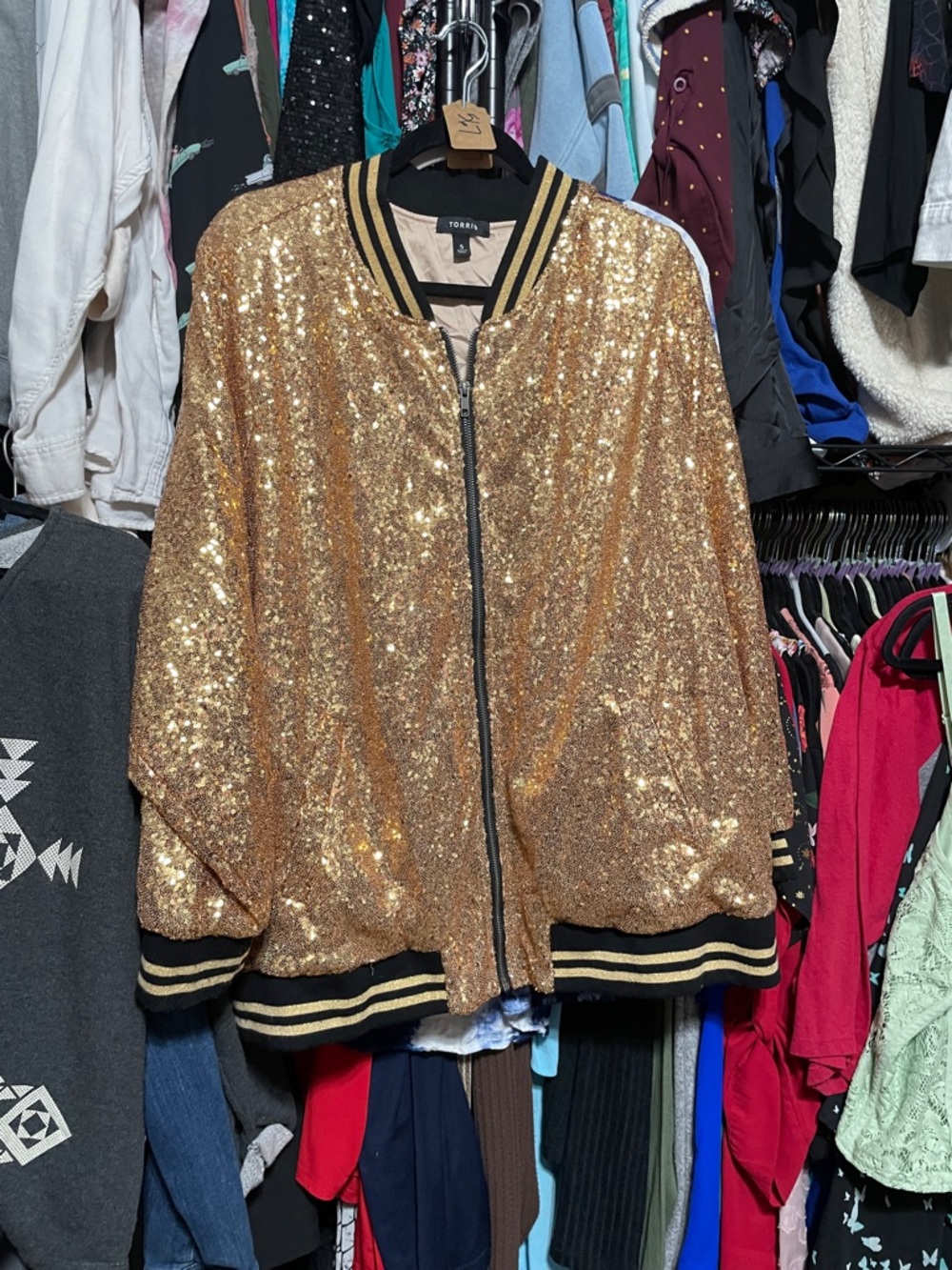 #567 size 5 torrid Gold Sequin Bomber Jacket with Black Trim